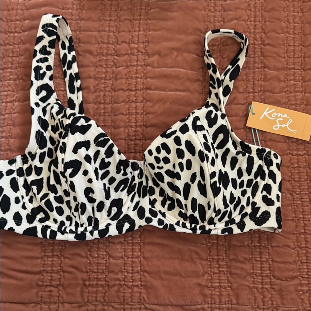 Kona Sol Black and White Leopard Print Bikini Top